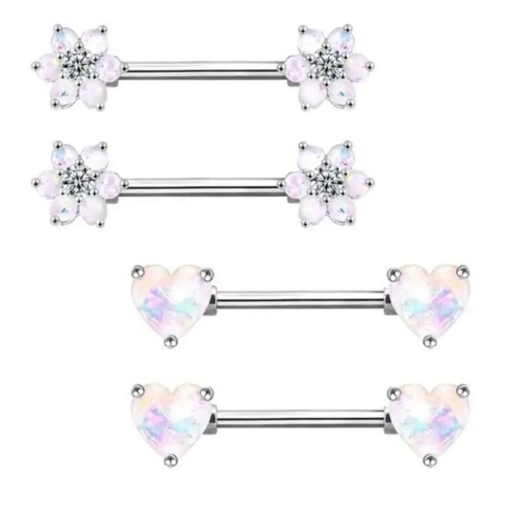 14G 316L Opal Flower and Heart Cubic Zirconia Nipple Rings - 2 Sets